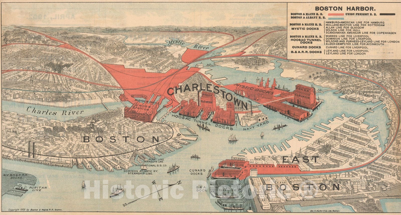 Historic Map : Boston & Maine Railroad Maps, Boston Harbor Freight Facilities 1900 Railroad Catography , Vintage Wall Art