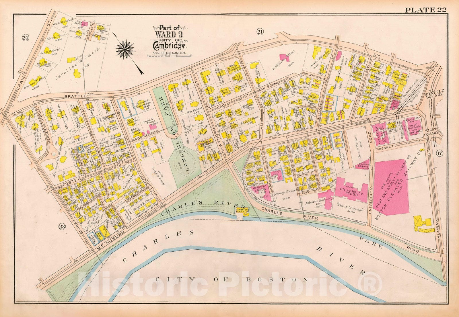 Historic Map : Atlas City of Cambridge Massachusetts 1916 Plate 022 , Vintage Wall Art
