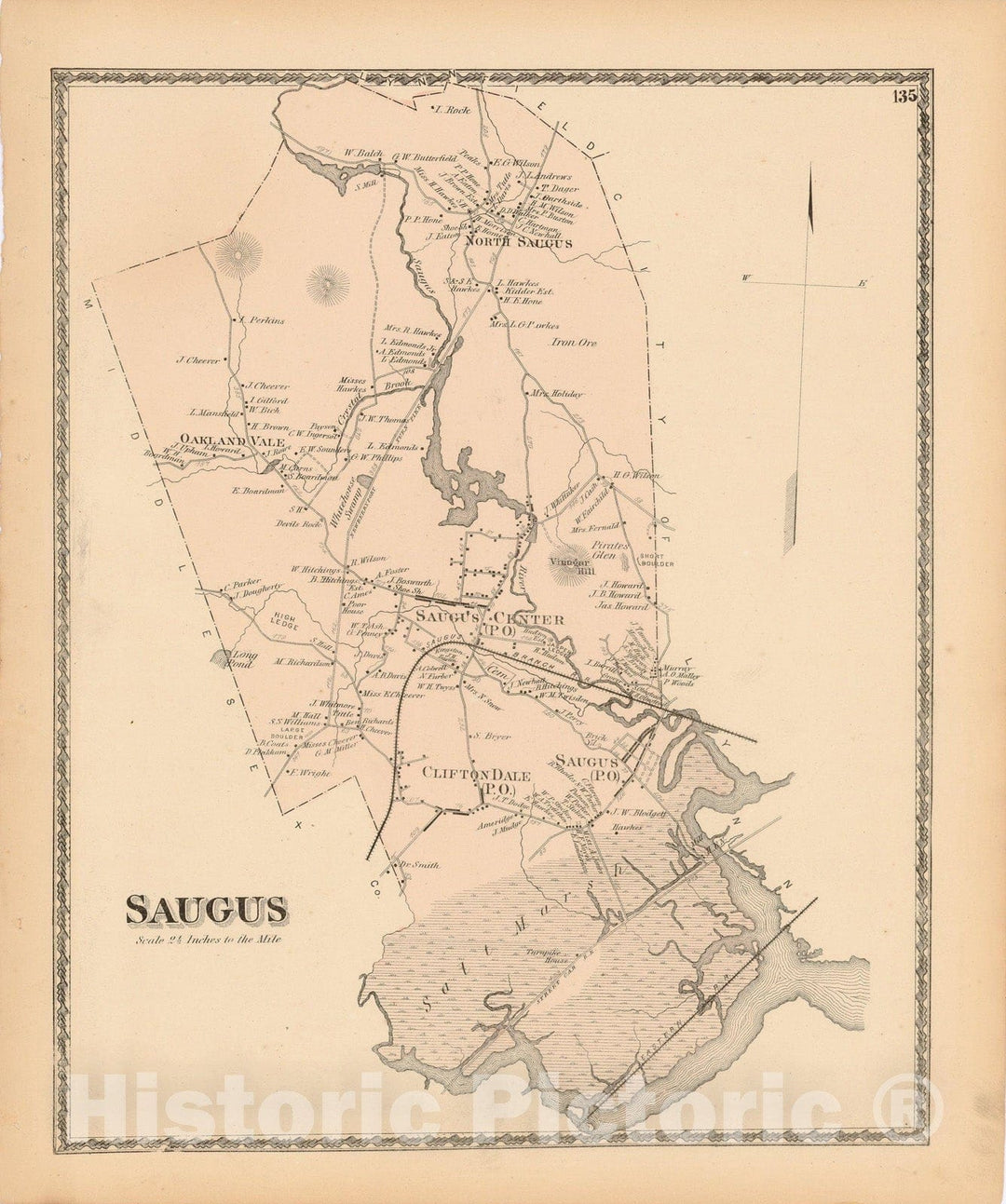Historic Map : Atlas of Essex County Massachusetts, Saugus 1872 , Vintage Wall Art