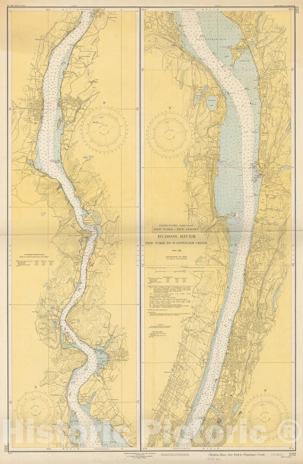 Historic Map : Coastal Charts - NY Hudson River: New York to Wappinger Creek 1950 , Vintage Wall Art