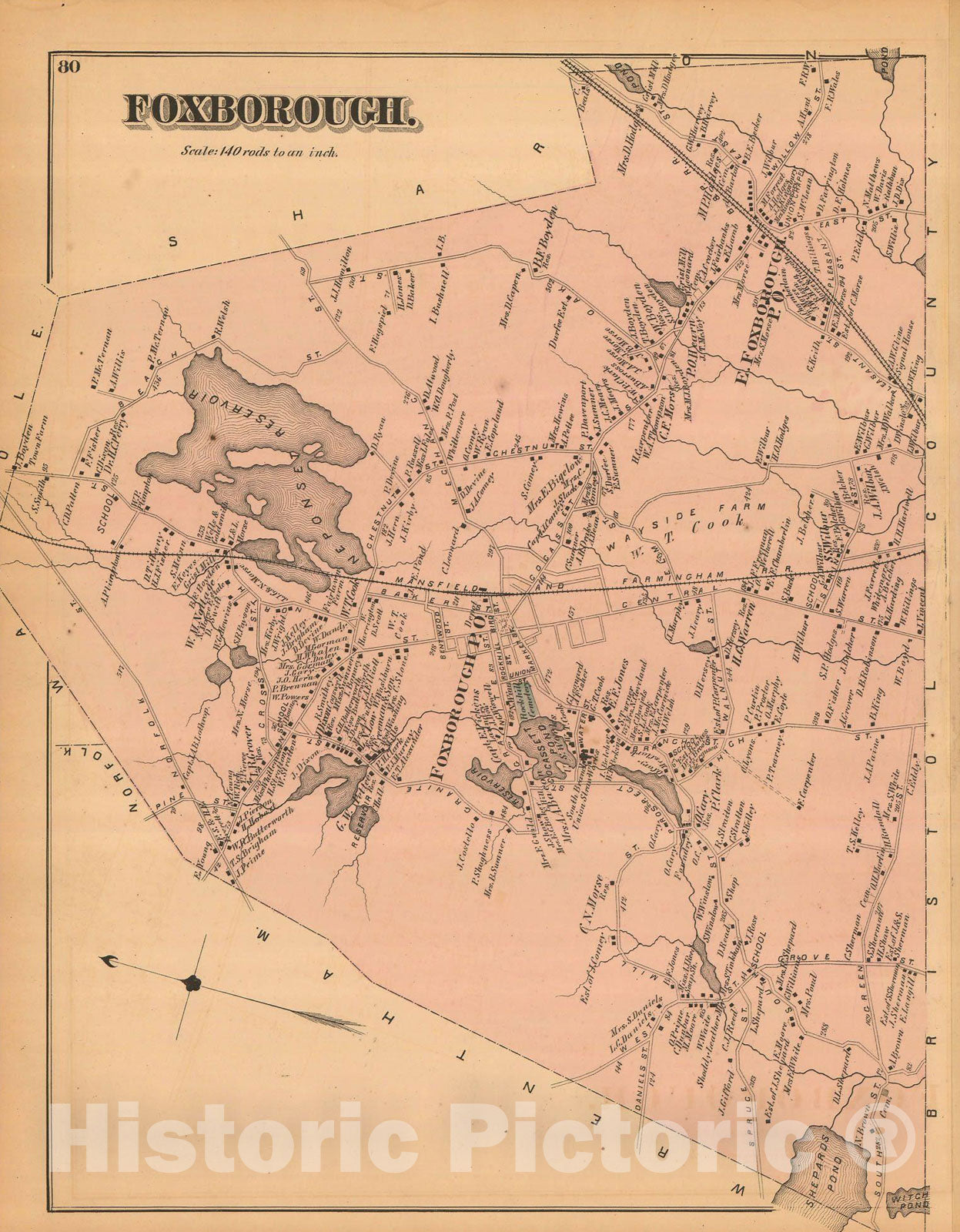 Historic Map : Atlas of Norfolk County, Foxborough 1876 , Vintage Wall Art