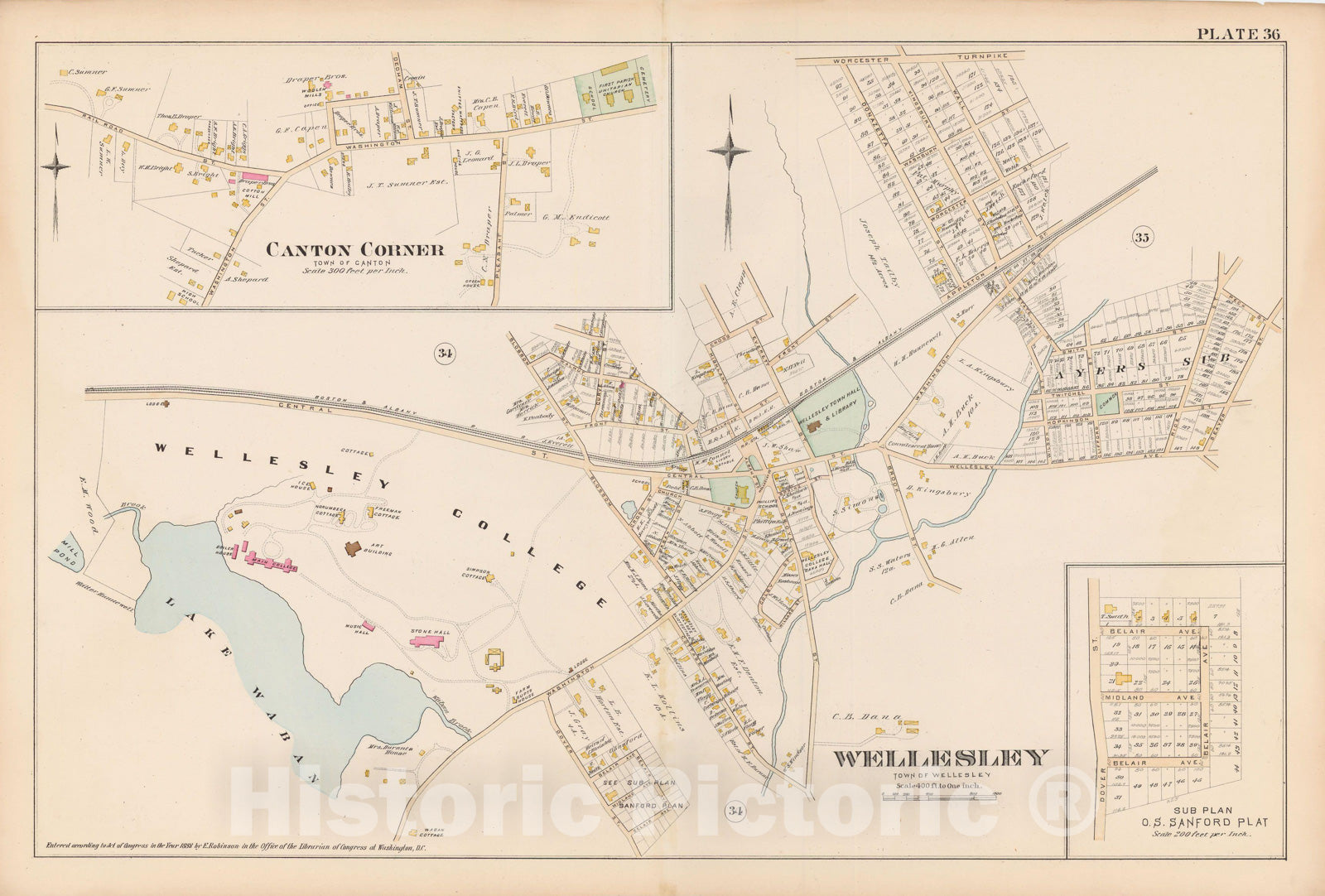 Historic Map : Atlas of Norfolk County, Canton & Wellesley 1888 Plate 036 , Vintage Wall Art