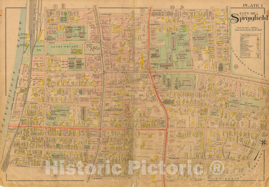 Historic Map : Atlas City of Springfield and The Town of Longmeadow 1910 Plate 001 , Vintage Wall Art
