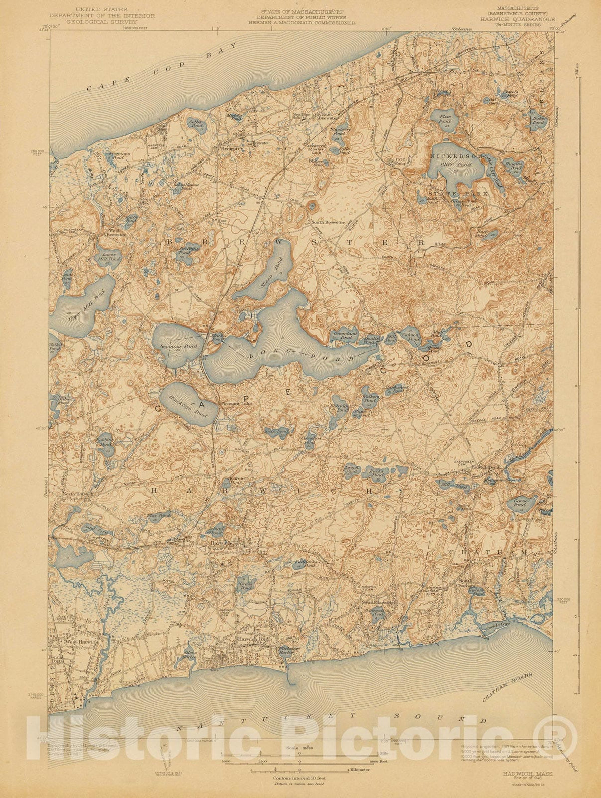 Historic Map : USGS 7.5 Minute Sheets and Quadrangles, Brewster & Harwich 1943 Topographic Map , Vintage Wall Art