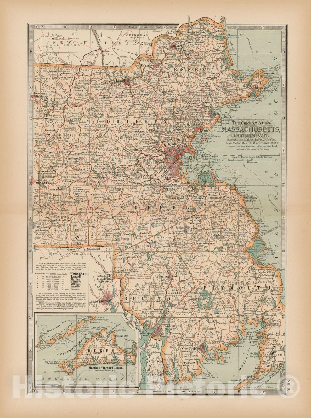 Historic Map : Massachusetts 1897 , The Century Atlas World , Vintage Wall Art