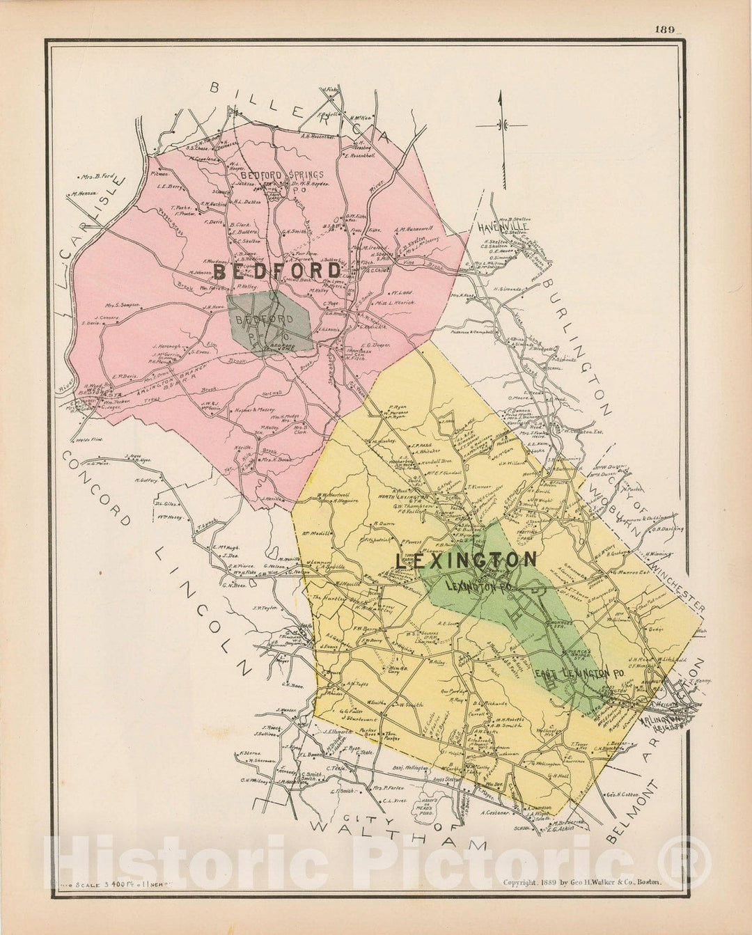 Historic Map : Atlas of Middlesex County, Massachusetts, Bedford & Lexington 1889 , Vintage Wall Art