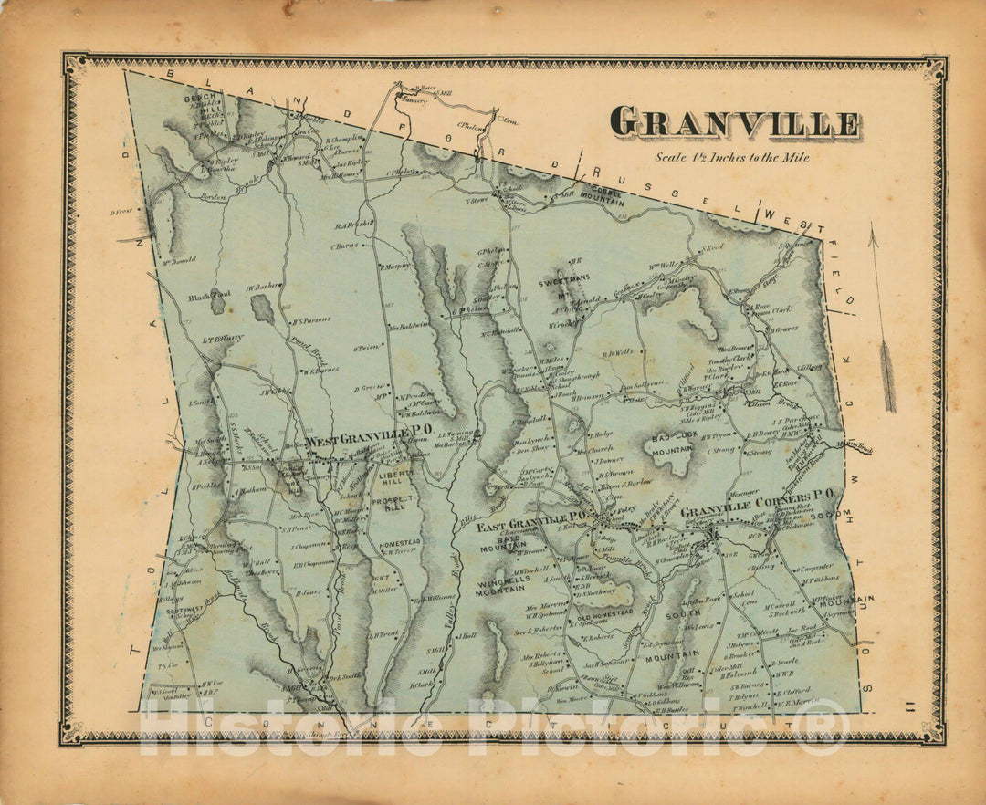 Historic Map : Atlas of Hampden County Massachusetts, Granville 1870 , Vintage Wall Art