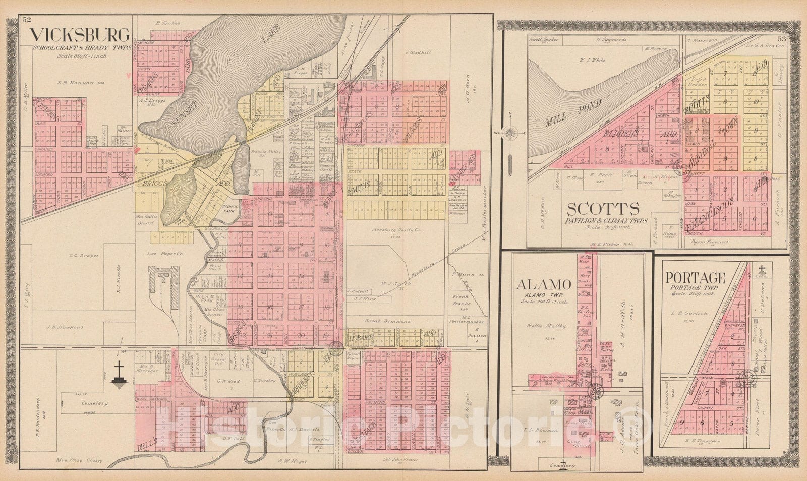 Historic Map : Alamo & Brady & Climax & Pavilion & Portage & Schoolcraft 1910 , Standard Atlas of Kalamazoo County , Vintage Wall Art