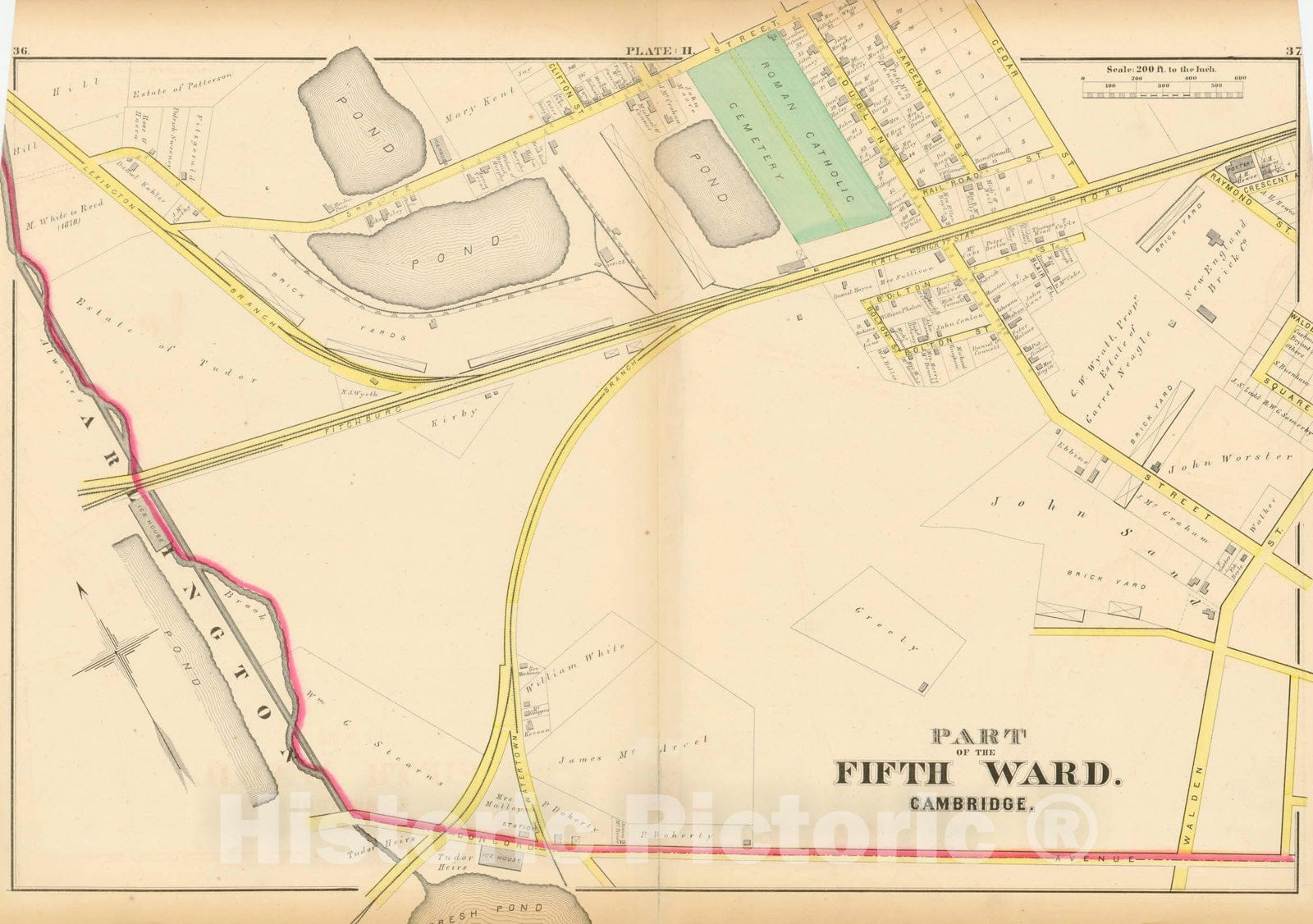 Historic Map : Atlas City of Cambridge, Middlesex Co., Massachusetts, Cambridge 1873 Plate H , Vintage Wall Art
