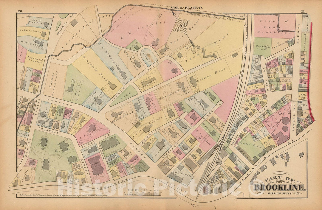 Historic Map : Atlas Town of Brookline, Brookline 1874 Plate D , Vintage Wall Art