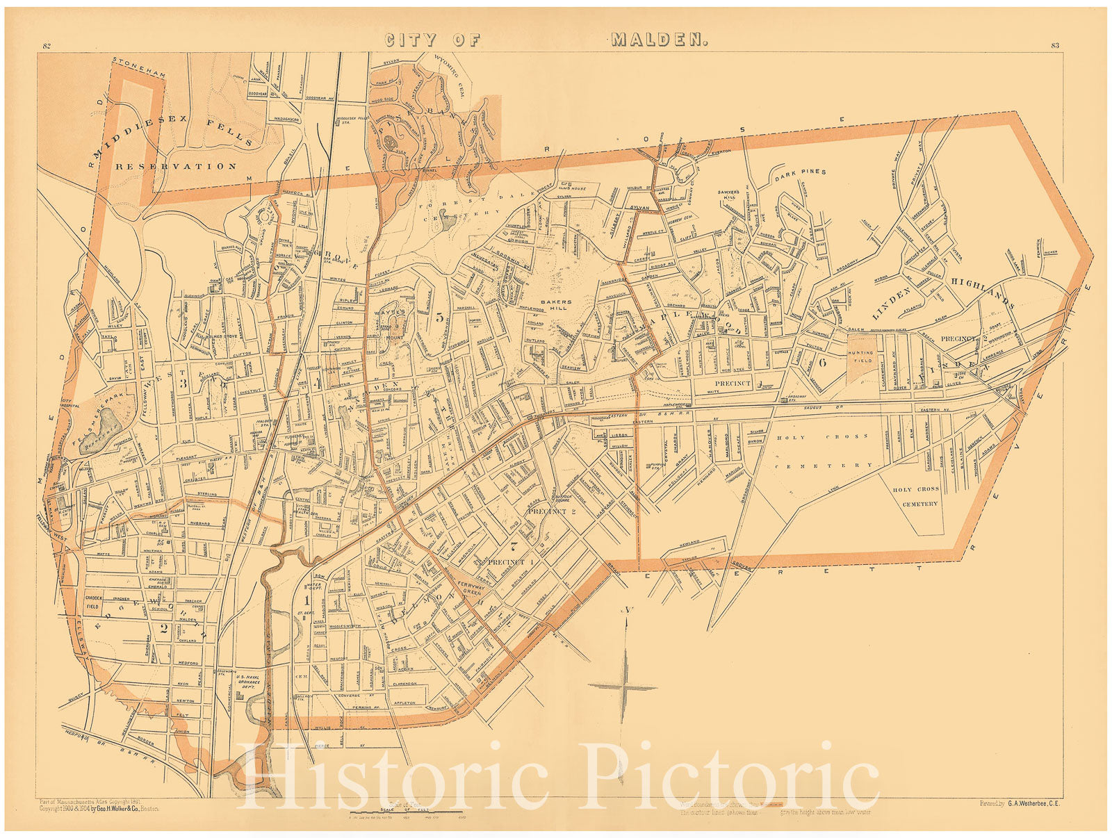Historic Map : Atlas of Massachusetts, Malden 1904 , Vintage Wall Art
