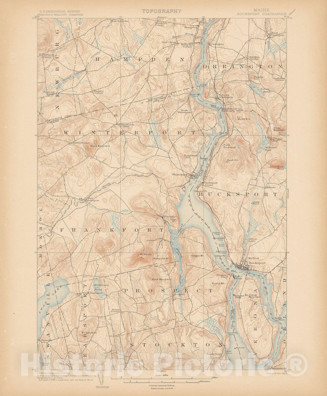 Historic Map : Atlas of Maine 1905, Bucksport & Frankfort & Orrington & Prospect & Winterport 1905 Topographic Map , Vintage Wall Art