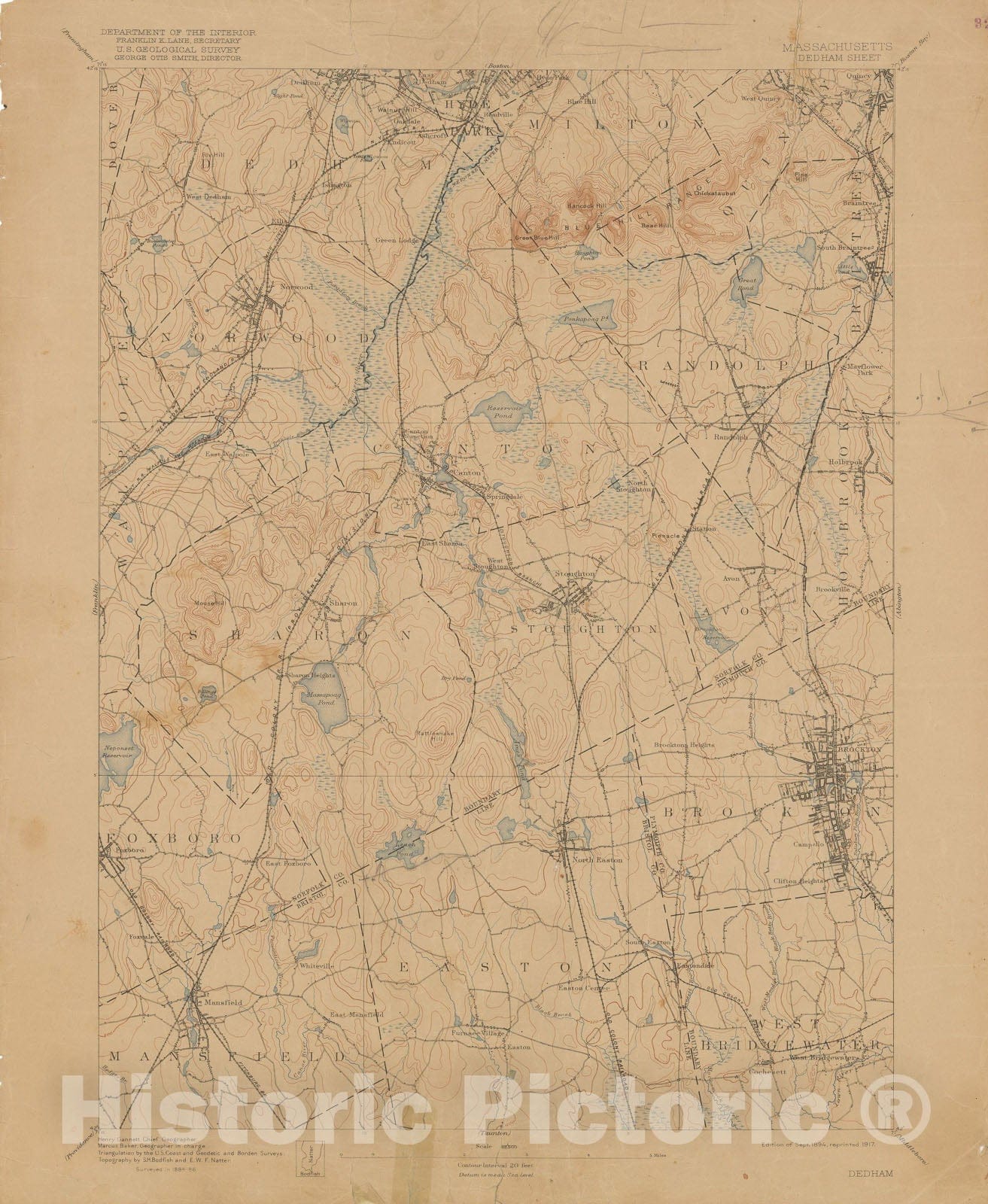 Historic Map : USGS 7.5 Minute Sheets and Quadrangles, Canton & Dedham & Sharon & Stoughton 1917 Topographic Map , Vintage Wall Art