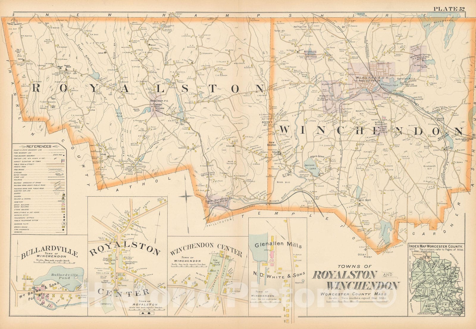 Historic Map : New Topo Atlas County of Worcester, Royalston & Winchendon 1898 Plate 052 , Vintage Wall Art