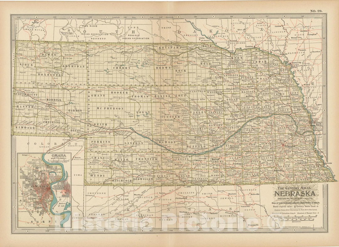 Historic Map : Nebraska 1914 , Century Atlas of the World, Vintage Wall Art