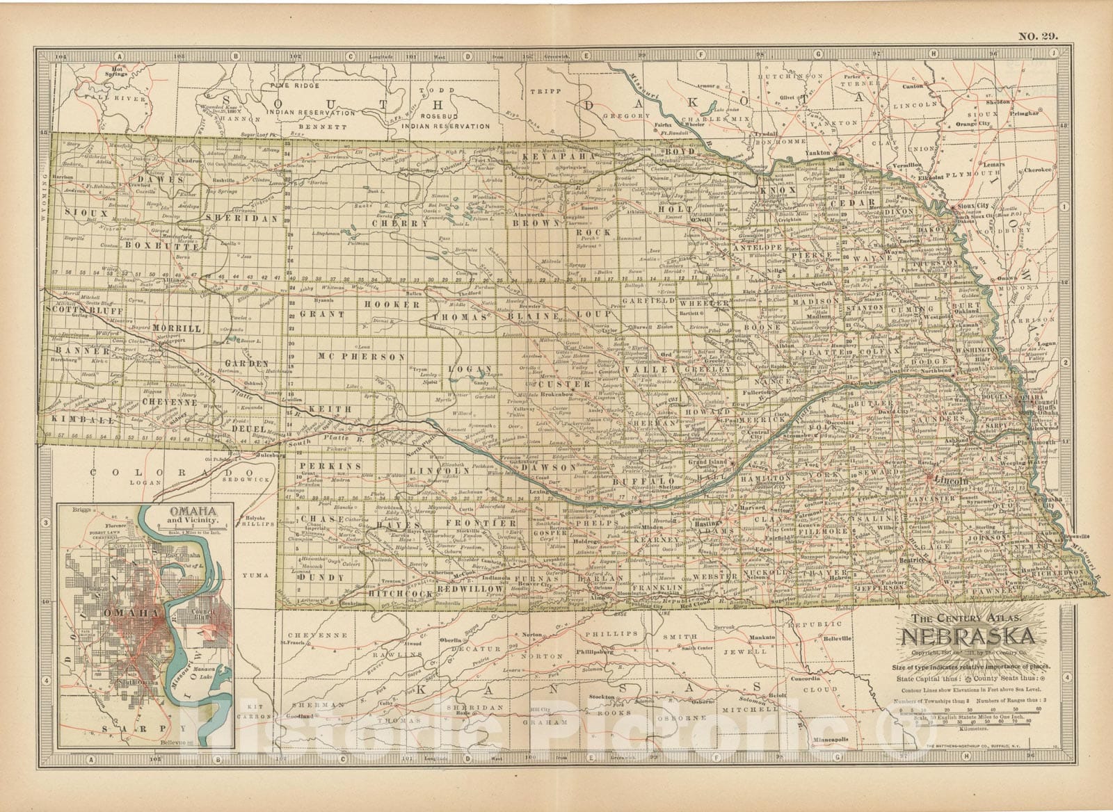 Historic Map : Nebraska 1914 , Century Atlas of the World, Vintage Wall Art