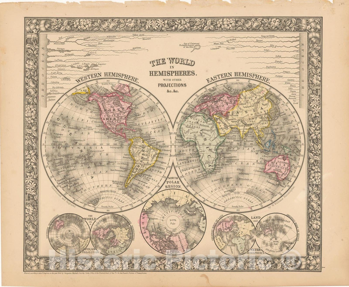 Historic Map : World Hemispheres & Mountain Ranges 1864 , New General (World) Atlas , Vintage Wall Art