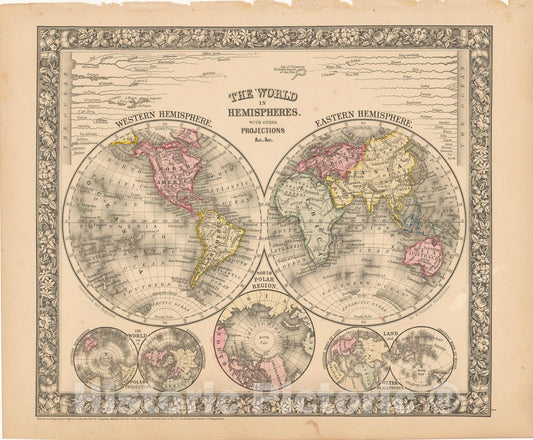 Historic Map : World Hemispheres & Mountain Ranges 1864 , New General (World) Atlas , Vintage Wall Art
