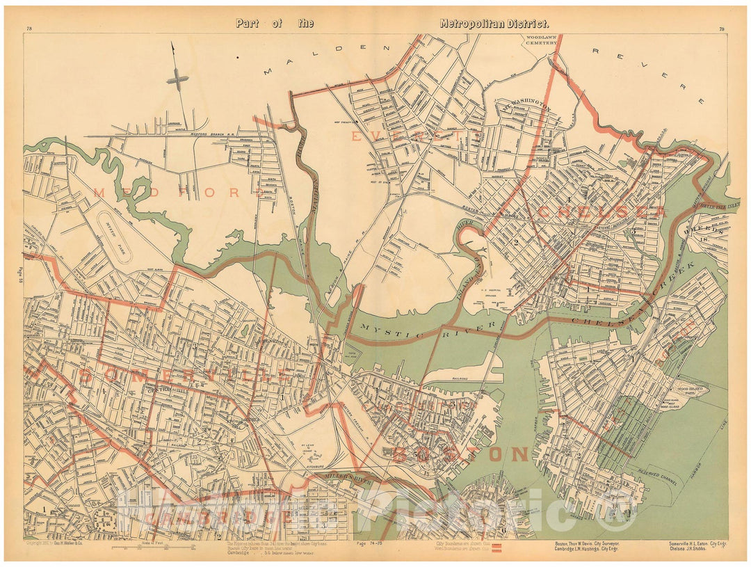 Historic Map : Atlas of Massachusetts, Charlestown & Chelsea & East Boston & Somerville 1891 , Vintage Wall Art
