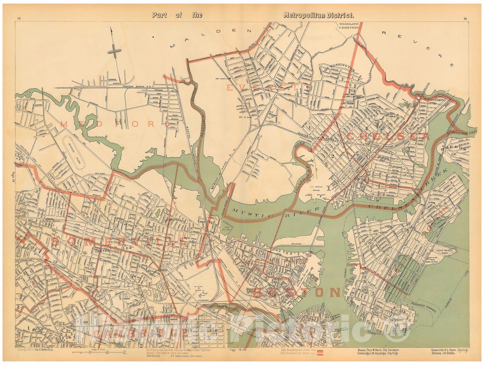 Historic Map : Atlas of Massachusetts, Charlestown & Chelsea & East Boston & Somerville 1891 , Vintage Wall Art