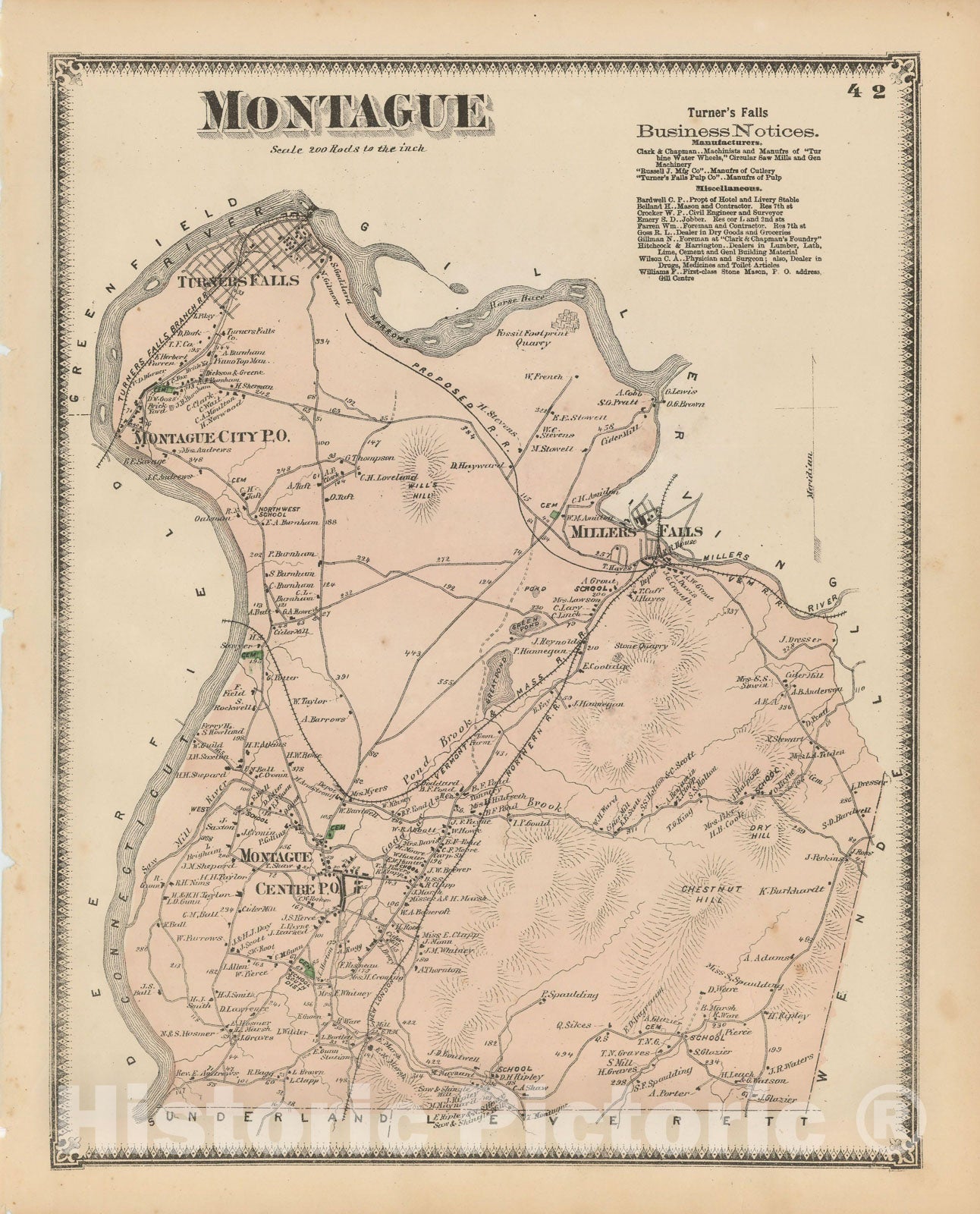Historic Map : Atlas of Franklin Co. Massachusetts, Montague 1871 , v3, Vintage Wall Art