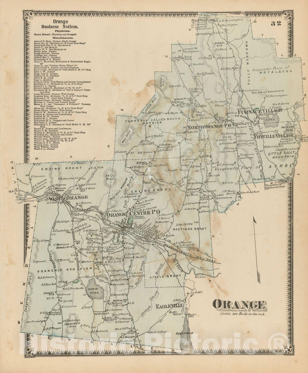 Historic Map : Atlas of Franklin Co. Massachusetts, Orange 1871 , Vintage Wall Art