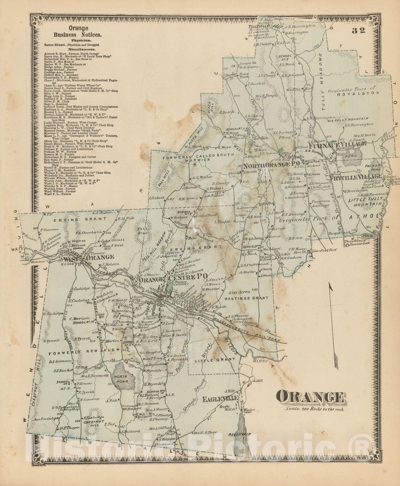 Historic Map : Atlas of Franklin Co. Massachusetts, Orange 1871 , Vintage Wall Art