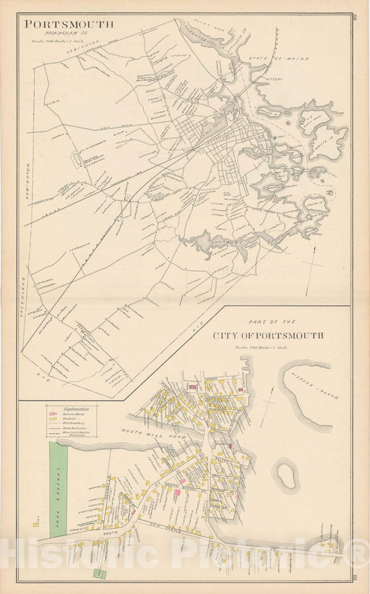Historic Map : Portsmouth 1892 , Town and City Atlas State of New Hampshire , v6, Vintage Wall Art