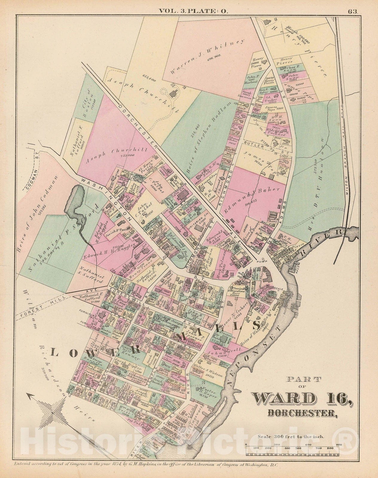 Historic Map : Atlas of County of Suffolk, MA Vol. 3rd, Dorchester 1874 Plate O , Vintage Wall Art
