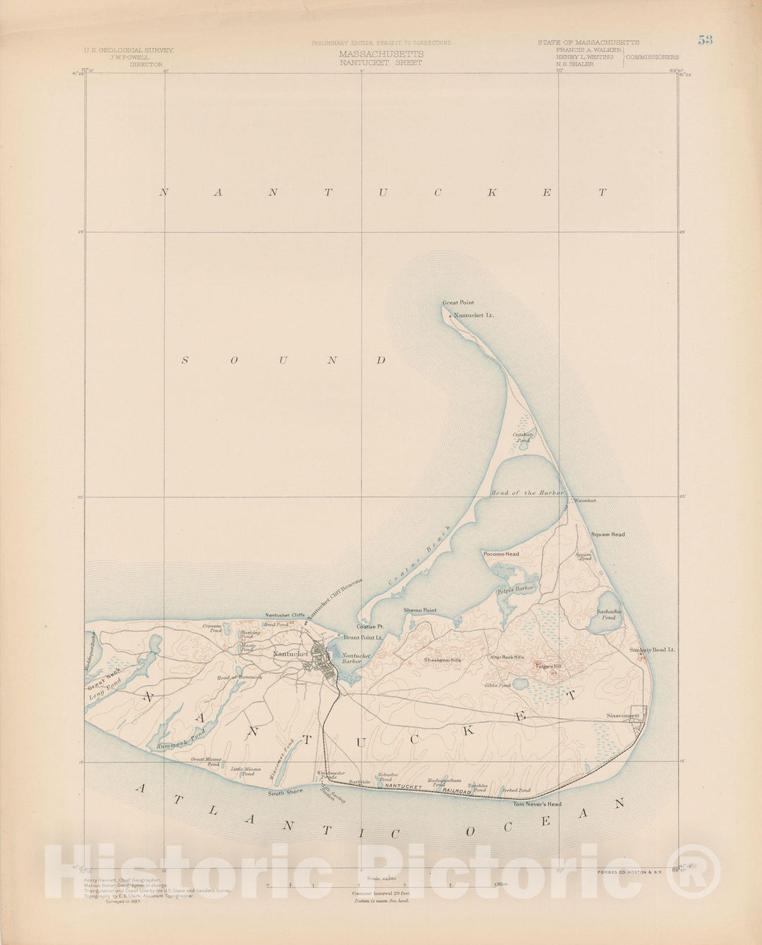 Historic Map : Nantucket 1890 Topographic Map , v2, Vintage Wall Art