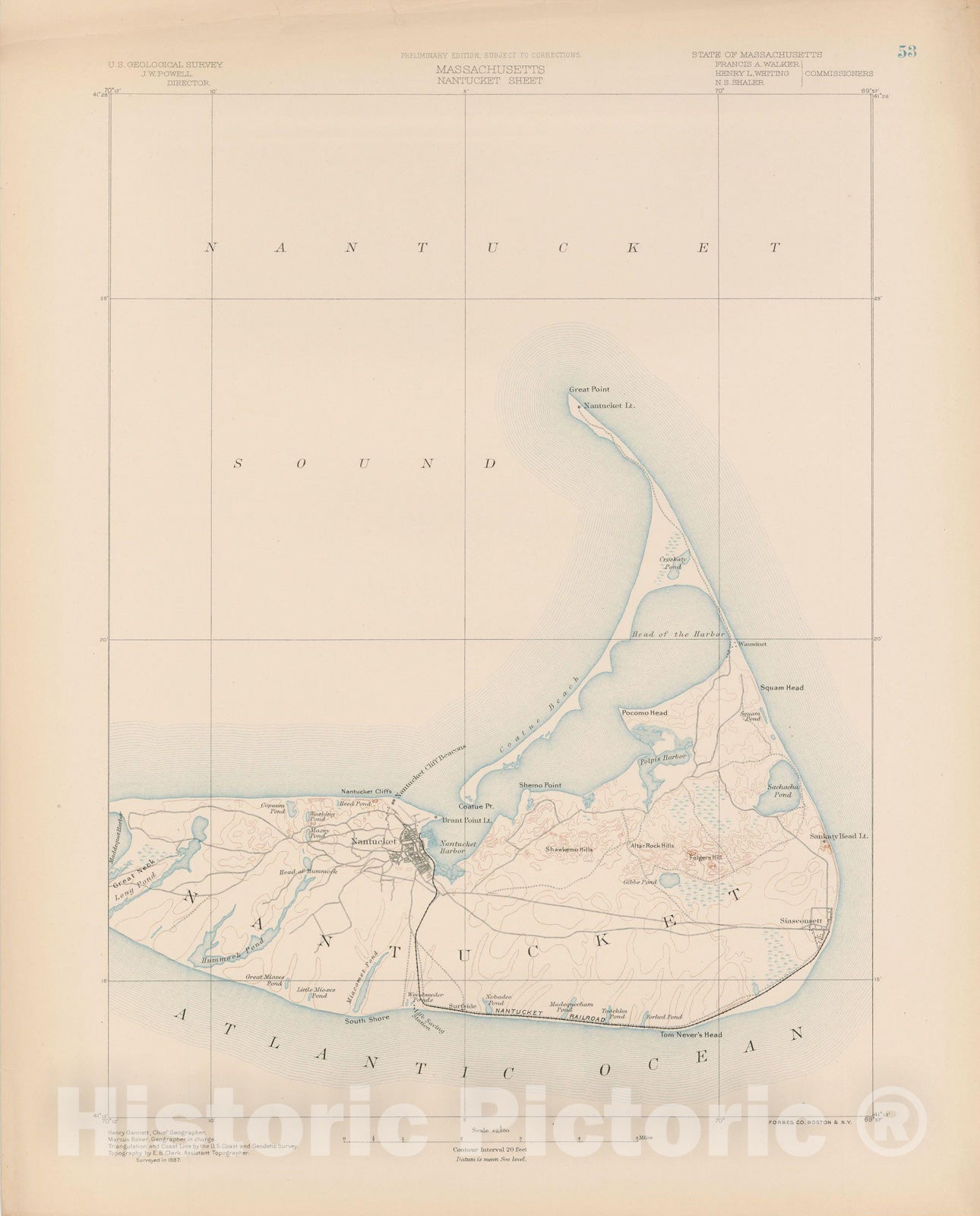 Historic Map : Nantucket 1890 Topographic Map , v2, Vintage Wall Art