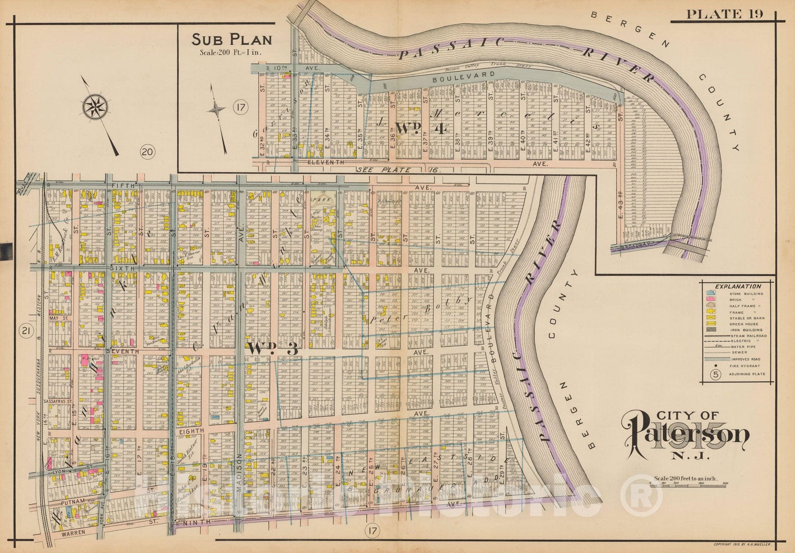 Historic Map : Atlas City of Paterson, New Jersey, Paterson 1915 Plate 019 , Vintage Wall Art