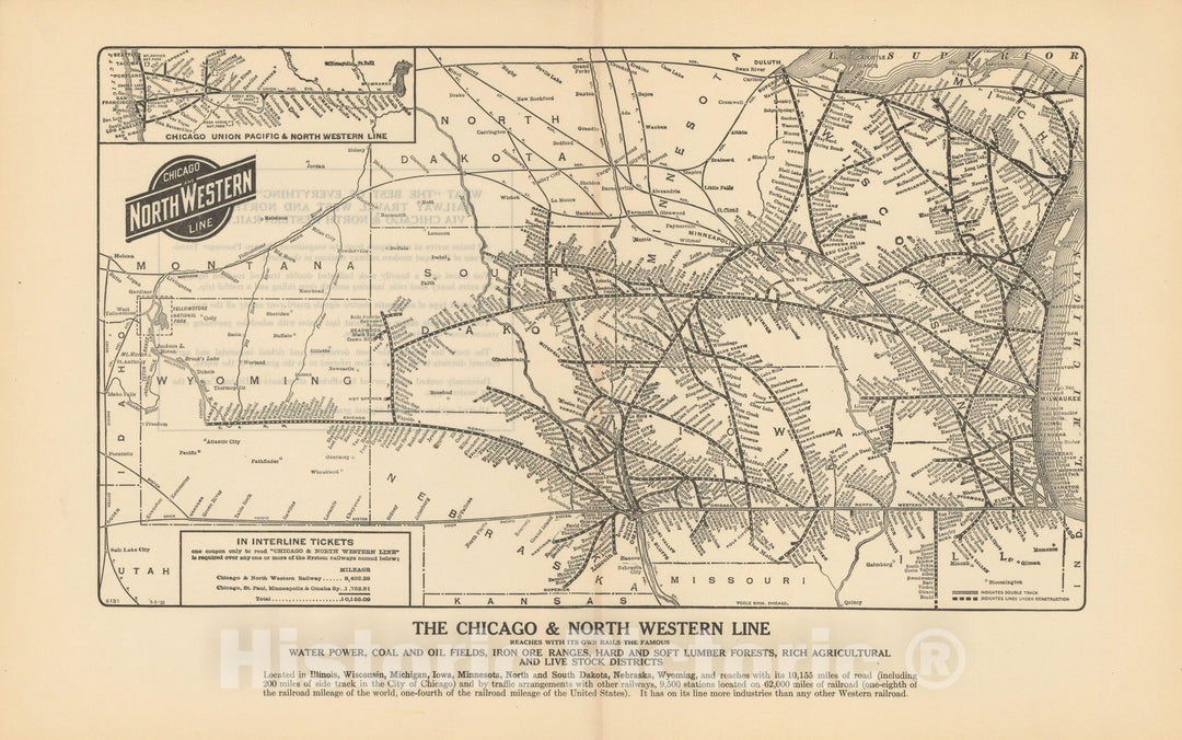 Historic Map : Atlas of Railway Traffic Maps, Chicago & North Western Line 1922 , Vintage Wall Art