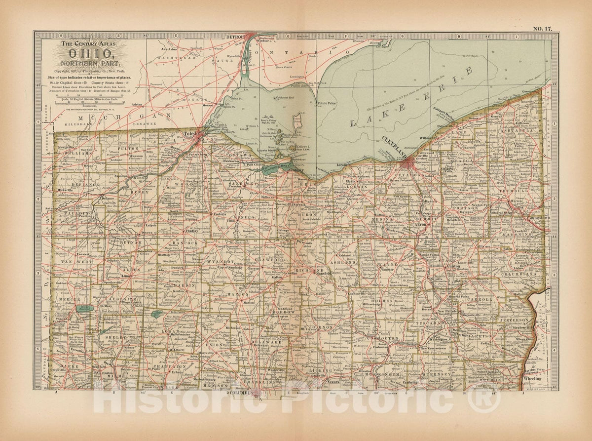Historic Map : Ohio 1897 , The Century Atlas World , v2, Vintage Wall Art