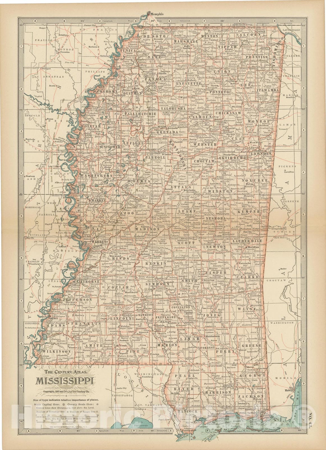 Historic Map : Mississippi 1914 , Century Atlas of the World, Vintage Wall Art