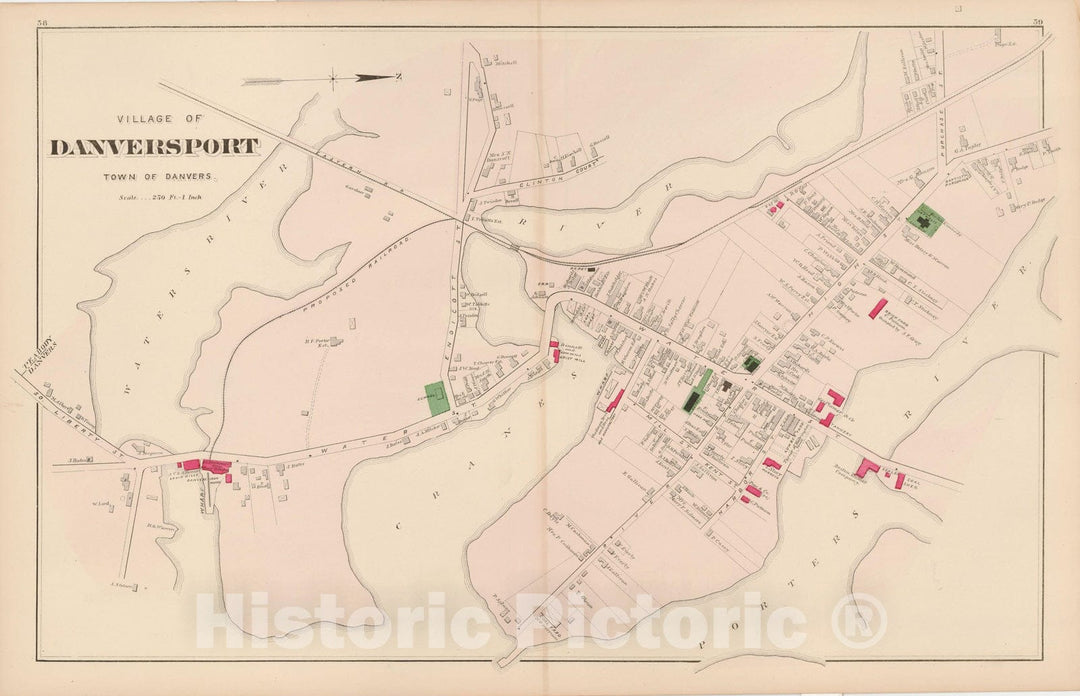 Historic Map : Atlas of Essex County, Danvers 1884 , v4, Vintage Wall Art