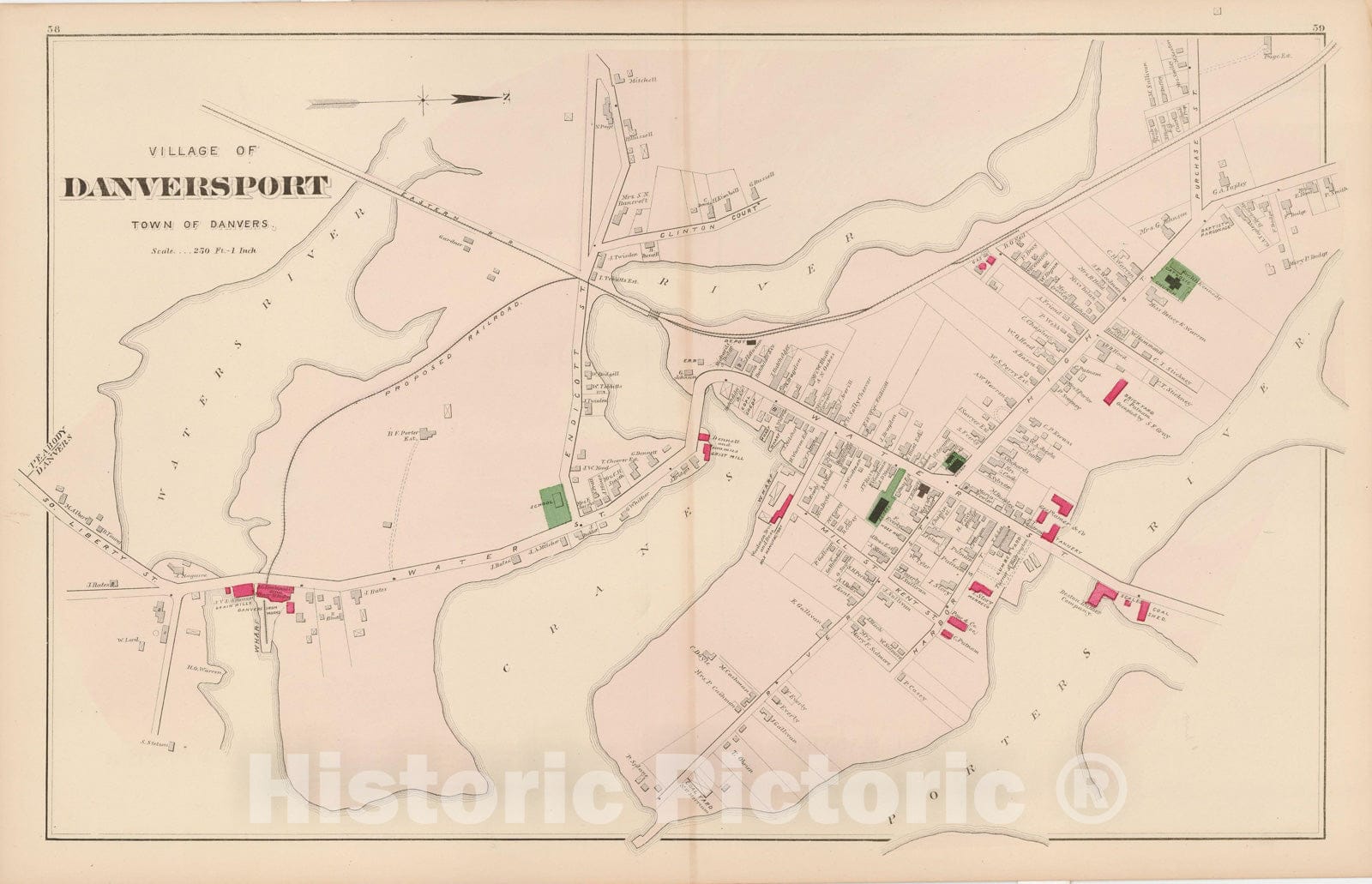 Historic Map : Atlas of Essex County, Danvers 1884 , v4, Vintage Wall Art