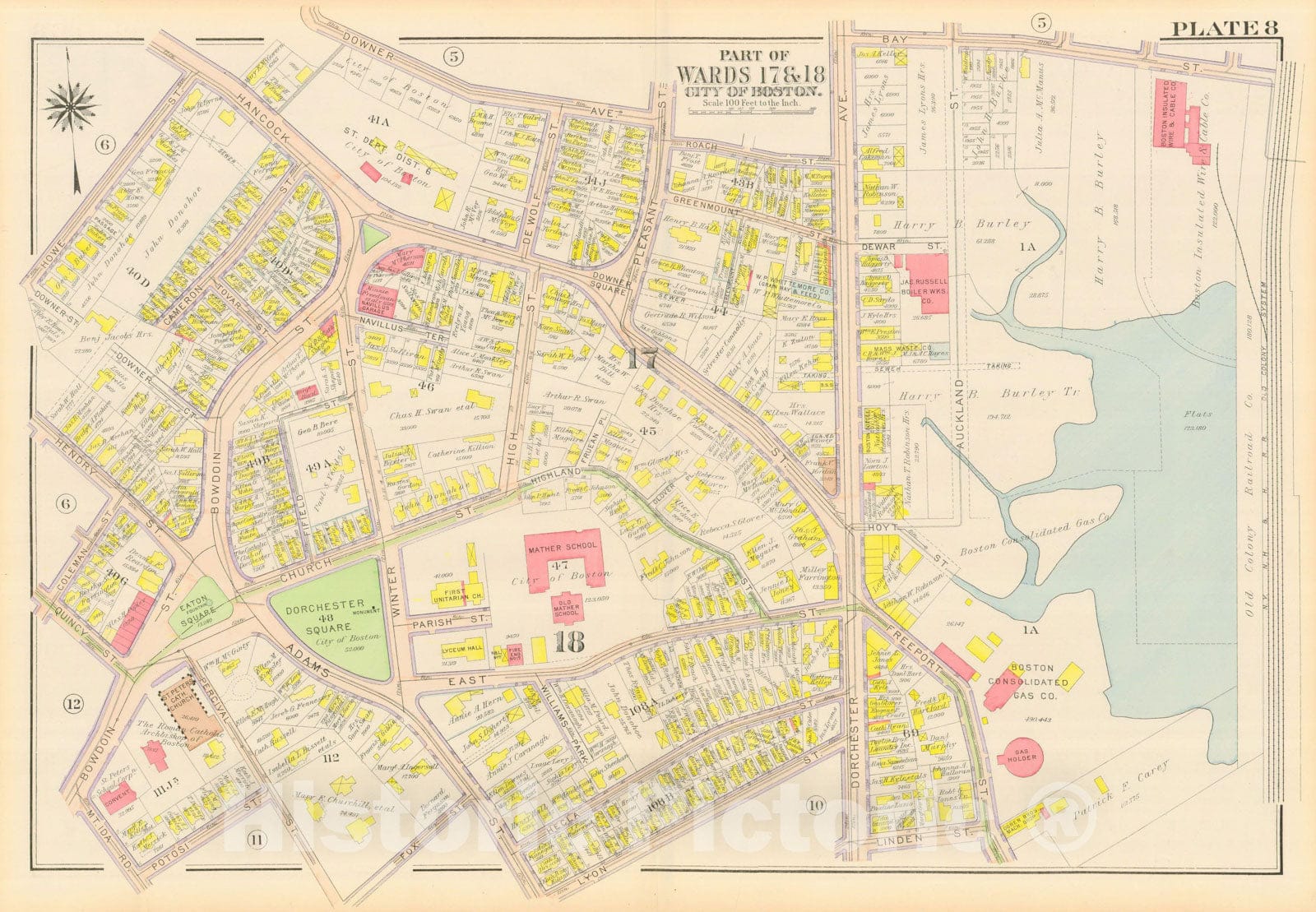 Historic Map : Atlas City of Boston, Dorchester, Dorchester 1918 Plate 008 , Vintage Wall Art