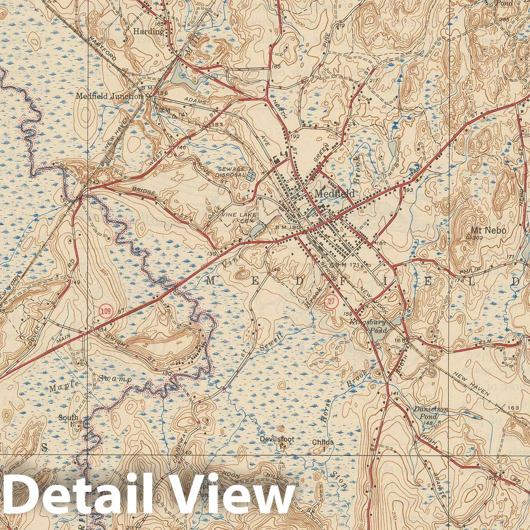 Historic Map : USGS 7.5 Minute Sheets and Quadrangles, Medfield 1946 Topographic Map , Vintage Wall Art