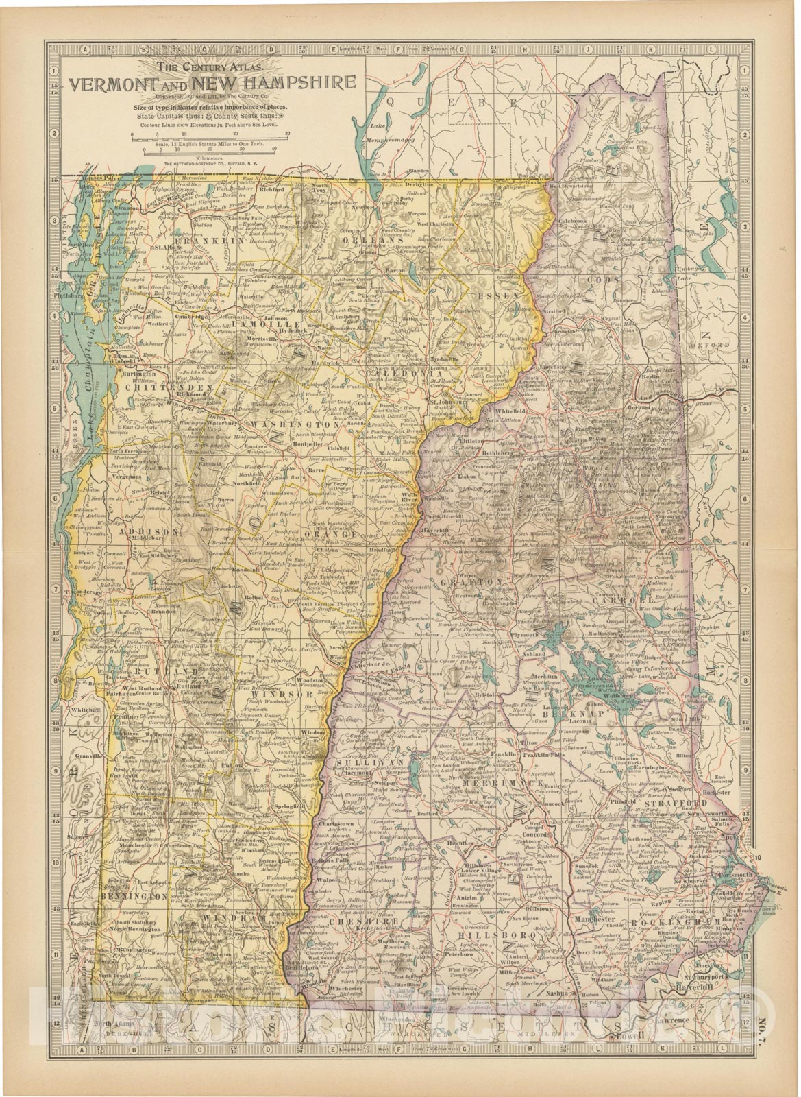 Historic Map : New Hampshire & Vermont 1914 , Century Atlas of the World, Vintage Wall Art