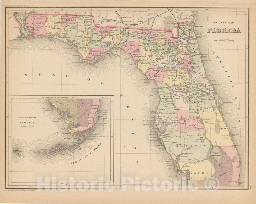 Historic Map : Florida 1882 , Mitchell's New General Atlas , Vintage Wall Art