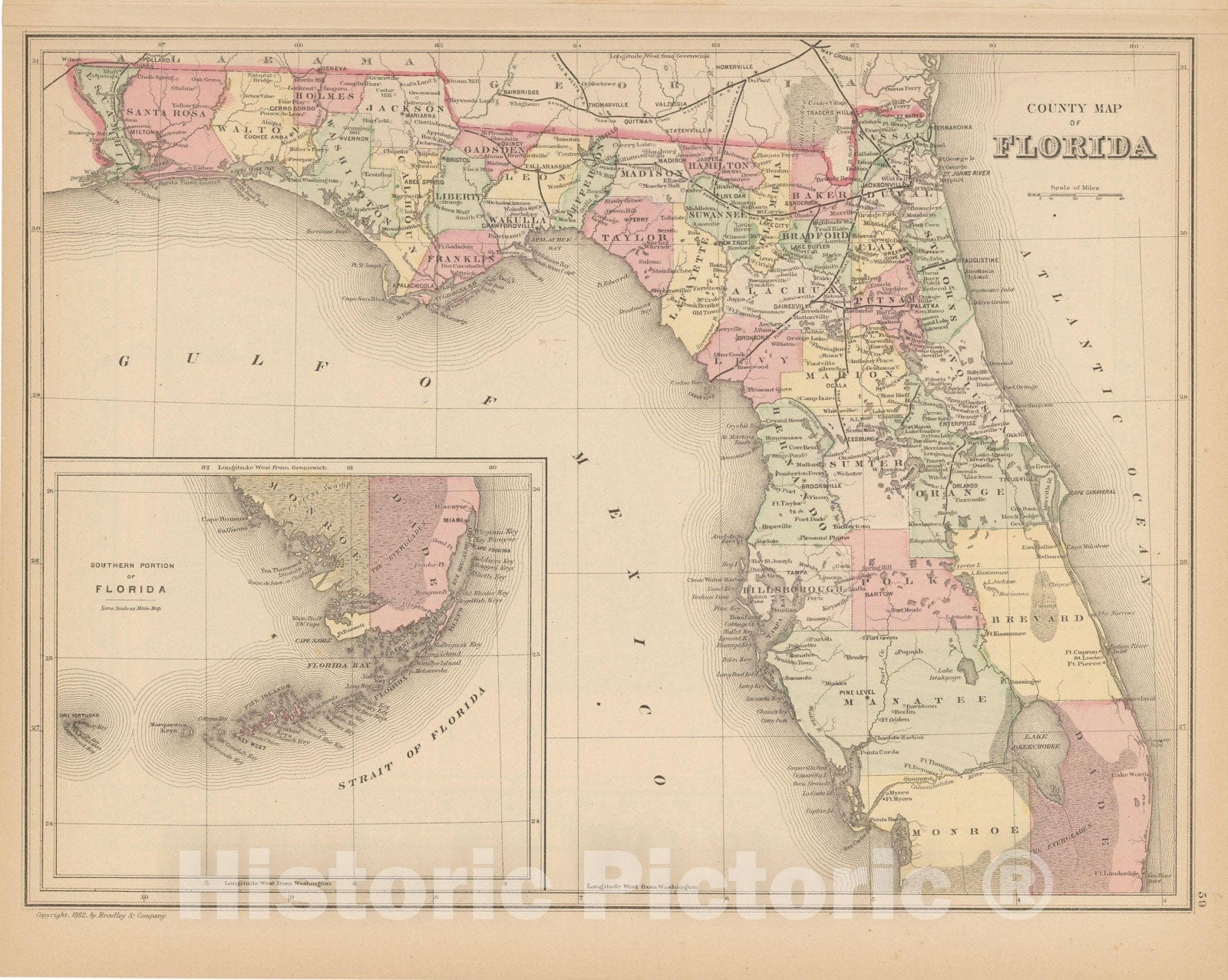 Historic Map : Florida 1882 , Mitchell's New General Atlas , Vintage Wall Art