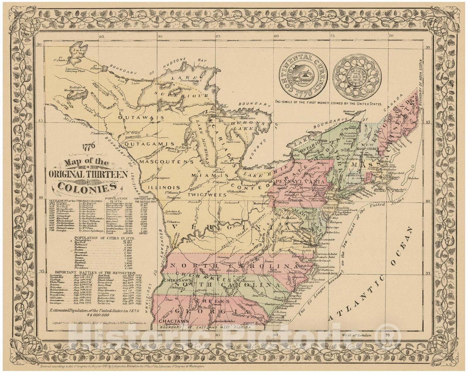 Historic Map : Original 13 Colonies 1882 , Mitchell's New General Atlas , Vintage Wall Art