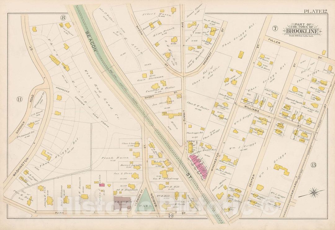 Historic Map : Atlas Town of Brookline, Brookline 1893 Plate 012 , Vintage Wall Art