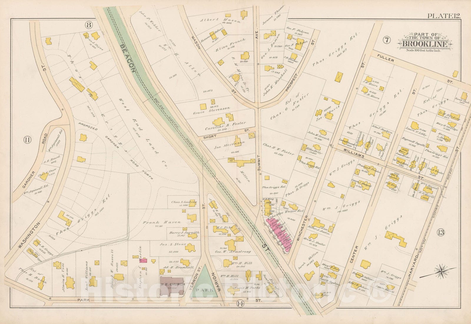 Historic Map : Atlas Town of Brookline, Brookline 1893 Plate 012 , Vintage Wall Art