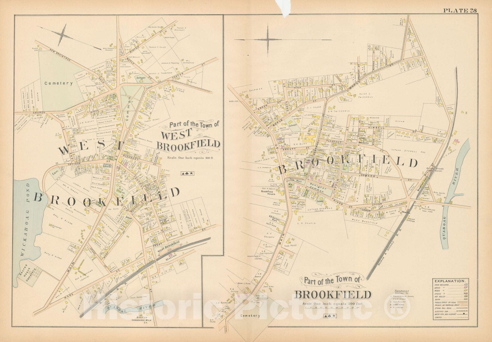 Historic Map : New Topo Atlas County of Worcester, Brookfield & West Brookfield 1898 Plate 028 , Vintage Wall Art