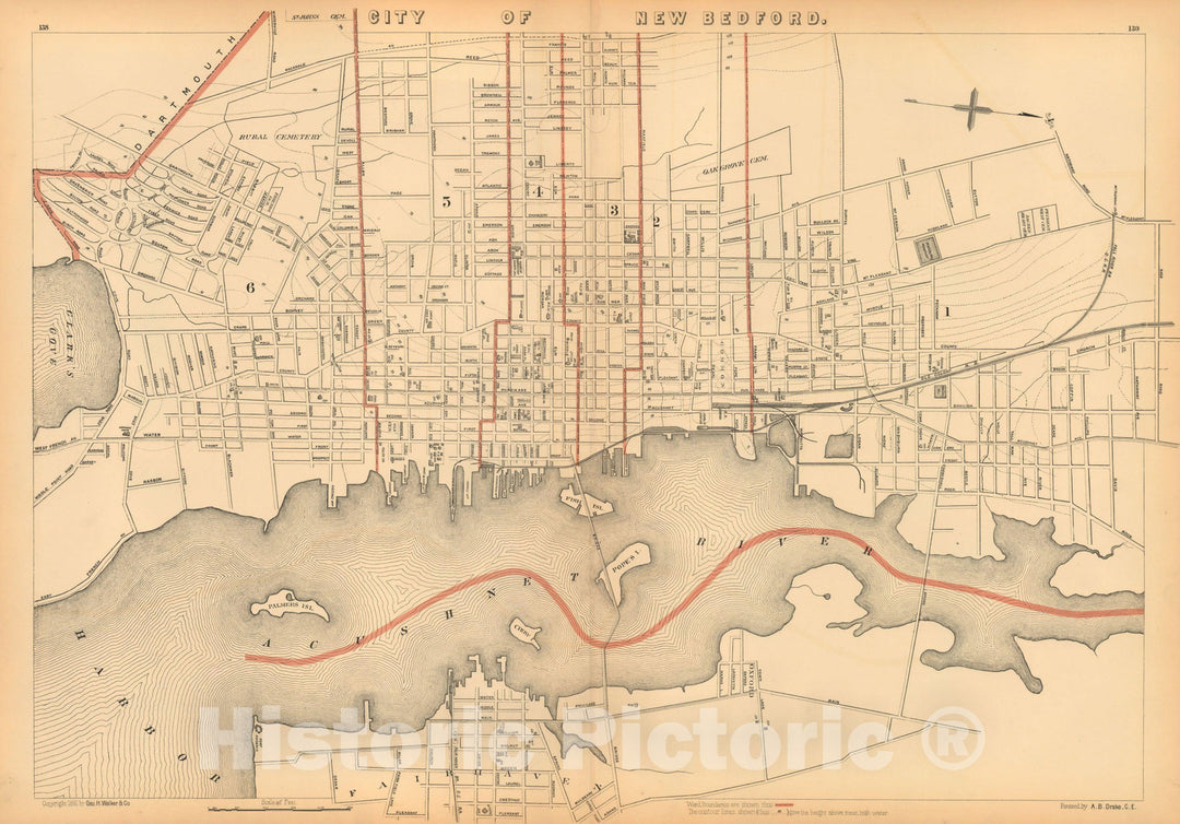 Historic Map : Atlas of Massachusetts, New Bedford 1891 , Vintage Wall Art