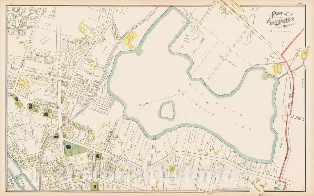 Historic Map : Atlas of Middlesex County, Massachusetts, Arlington 1889 , v4, Vintage Wall Art