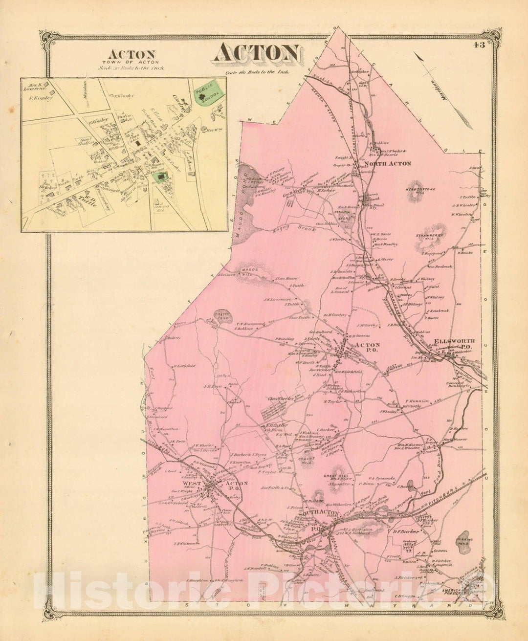 Historic Map : County Atlas of Middlesex Massachusetts, Acton 1875 , v2, Vintage Wall Art