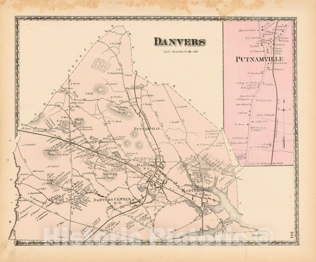 Historic Map : Atlas of Essex County Massachusetts, Danvers 1872 , v2, Vintage Wall Art